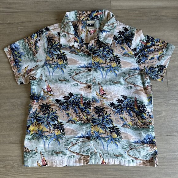 Vintage‎ Ocean Pacific OP Hawaiian Shirt Womens L Beach Surf Island Floral USA - Picture 1 of 9